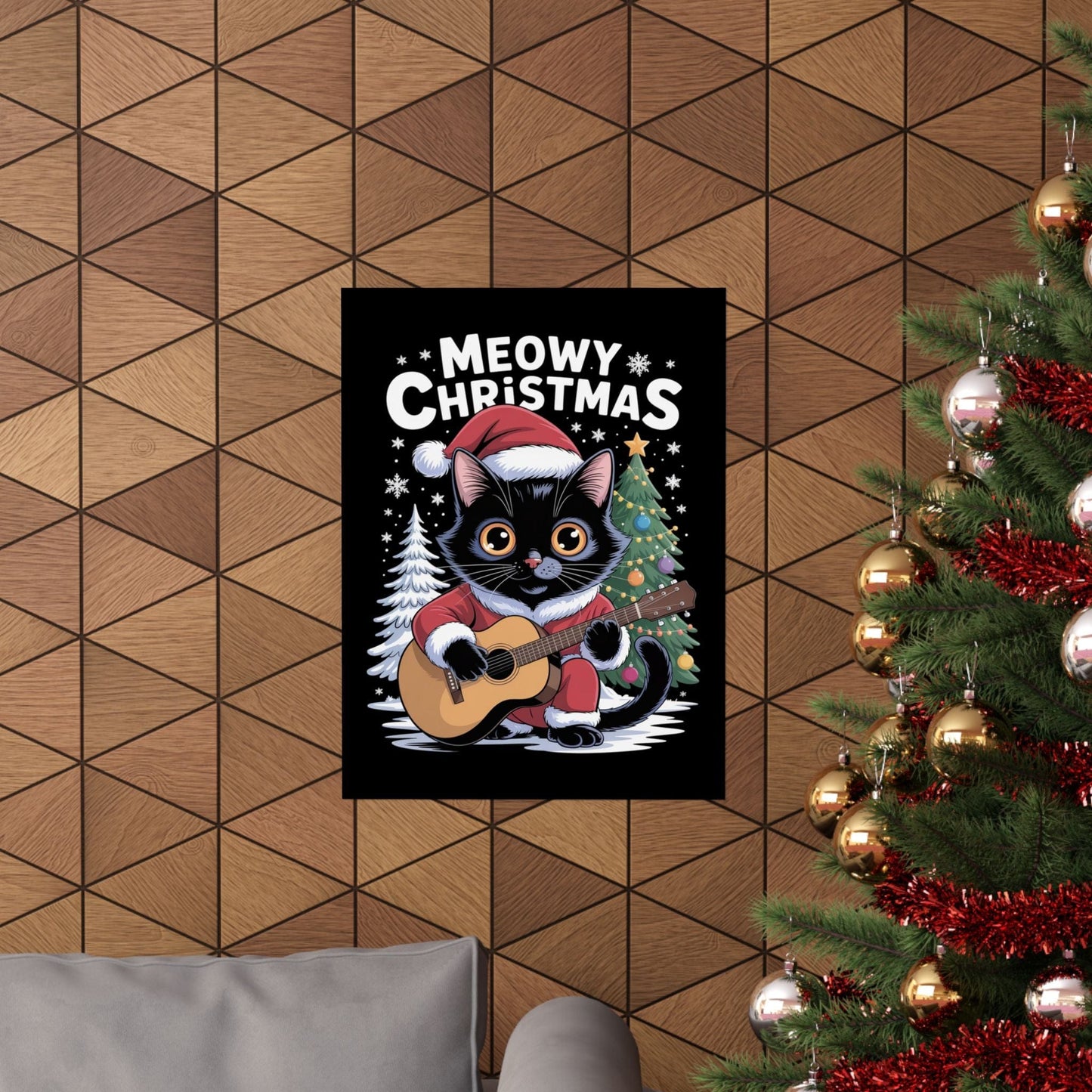 Meowy Christmas Guitar Poster – Cute Cat Music Wall Art for Guitar Lovers