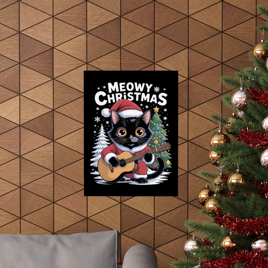 Meowy Christmas Guitar Poster – Cute Cat Music Wall Art for Guitar Lovers
