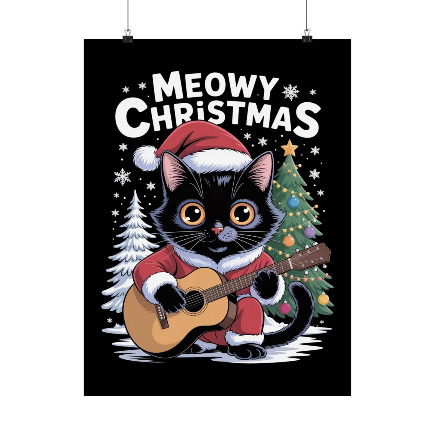 Meowy Christmas Guitar Poster – Cute Cat Music Wall Art for Guitar Lovers