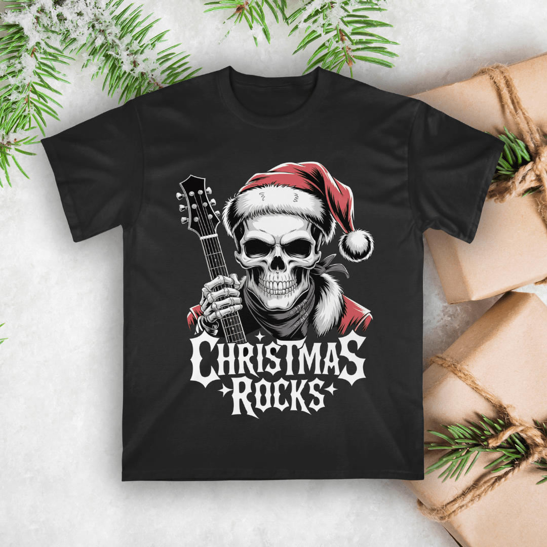 Black t-shirt with a skeleton playing guitar and wearing a Santa hat, text 'Christmas Rocks', on a light background with Christmas decorations.
