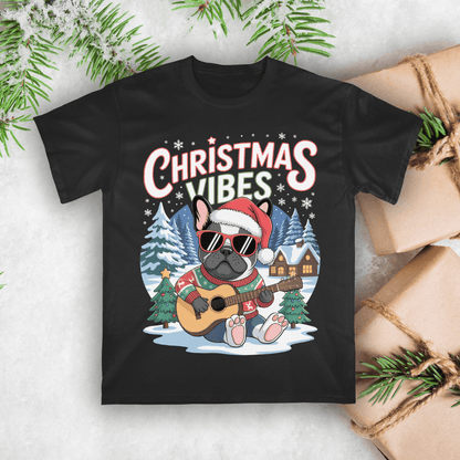 Black t-shirt with a Christmas-themed design featuring a dog playing guitar and text 'Christmas Vibes' on a snowy background.