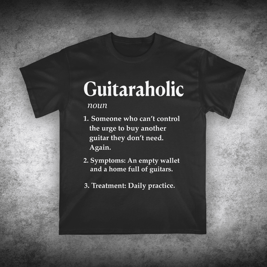Black t-shirt with 'Guitaraholic' definition text on a textured gray background