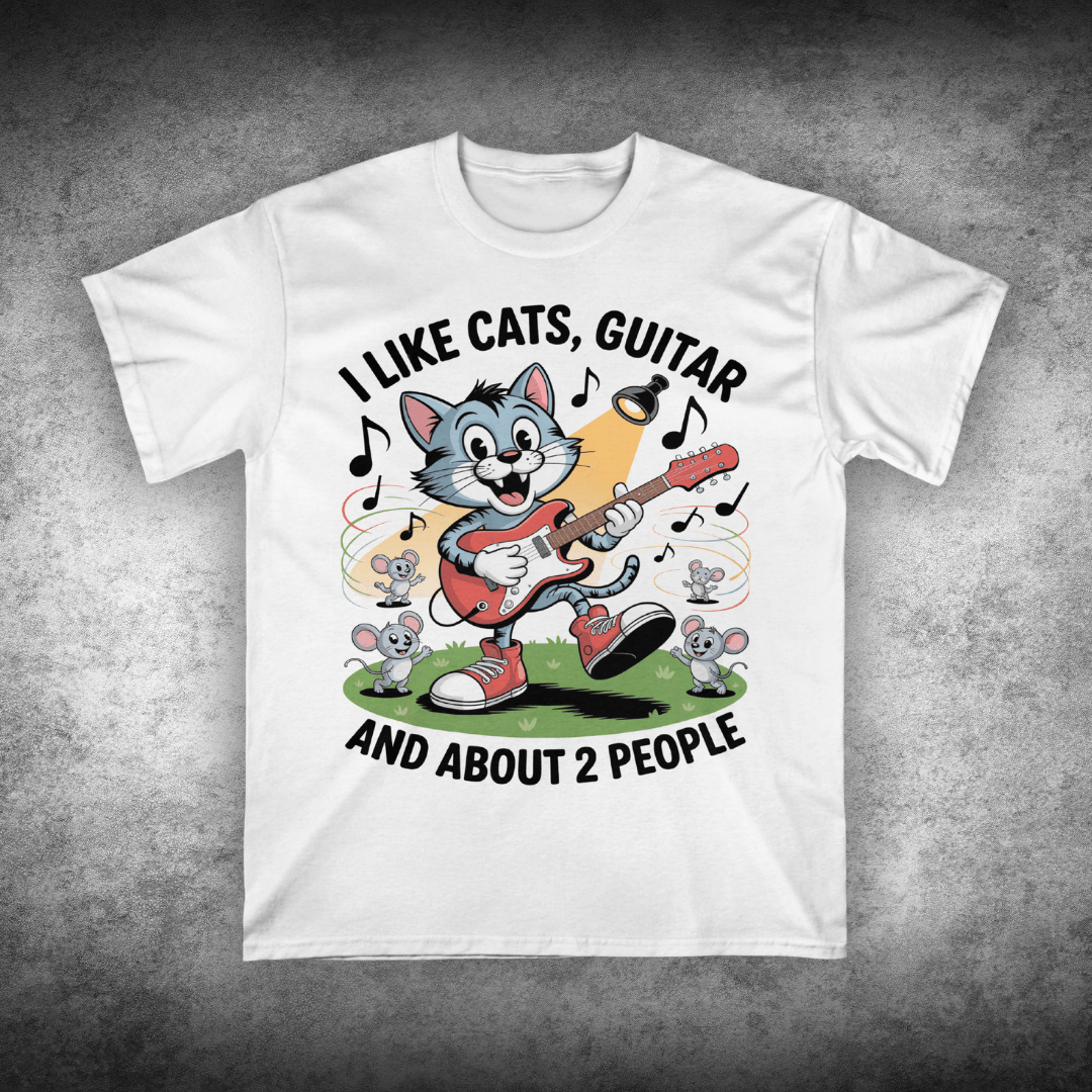 White t-shirt with a cartoon cat playing guitar and text on a gray background
