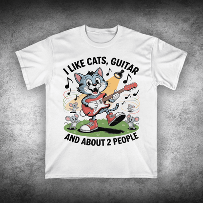 White t-shirt with a cartoon cat playing guitar and text on a gray background