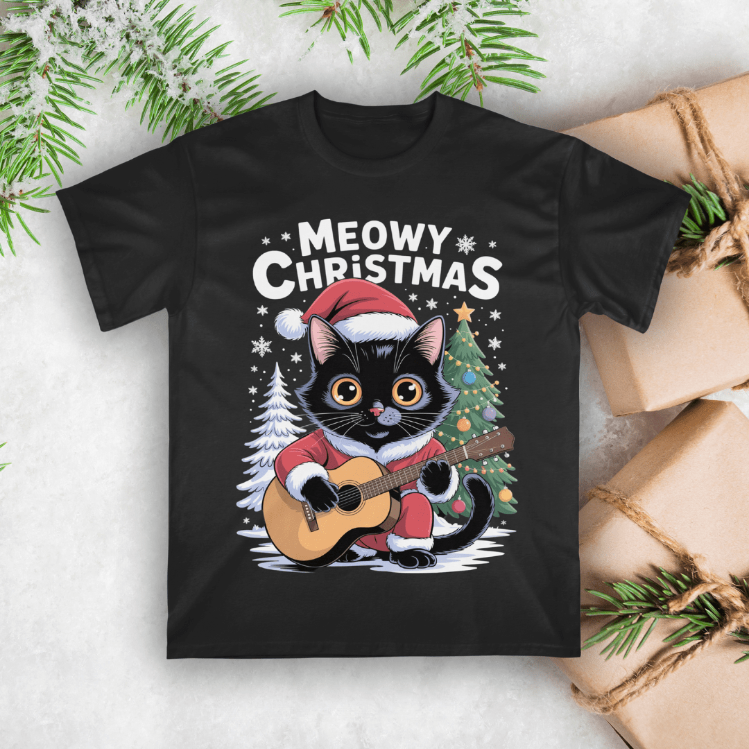 Black t-shirt with a Christmas-themed design of a cat playing guitar, surrounded by festive elements.