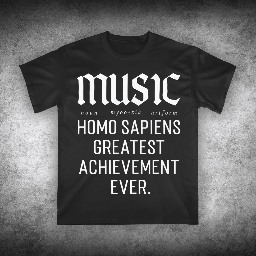 Black t-shirt with white text on a textured gray background