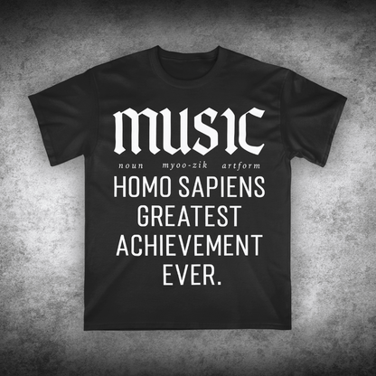 Black t-shirt with white text on a textured gray background