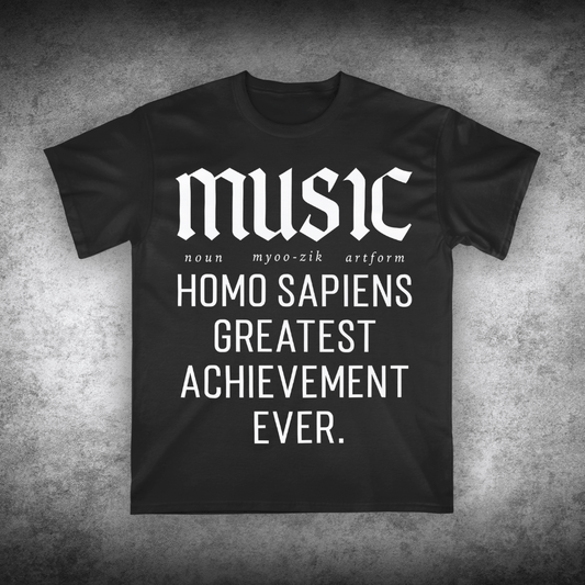 Black t-shirt with white text on a textured gray background