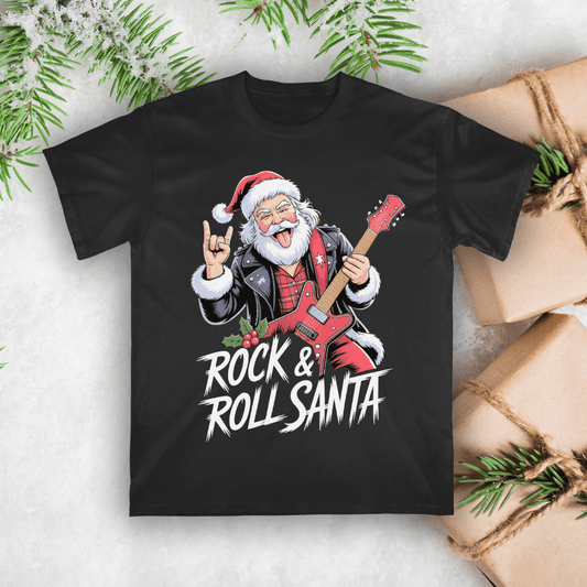 Black t-shirt with a graphic of Santa playing guitar and the text 'Rock & Roll Santa' on a snowy background.