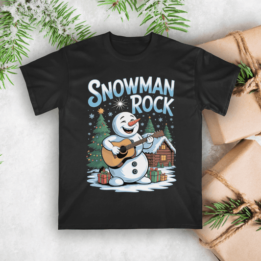 Black t-shirt with a snowman playing guitar and 'Snowman Rock' text on a decorative background.