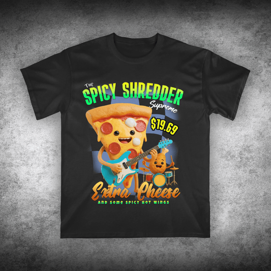 Black t-shirt with a pizza character playing guitar and drums on a textured gray background