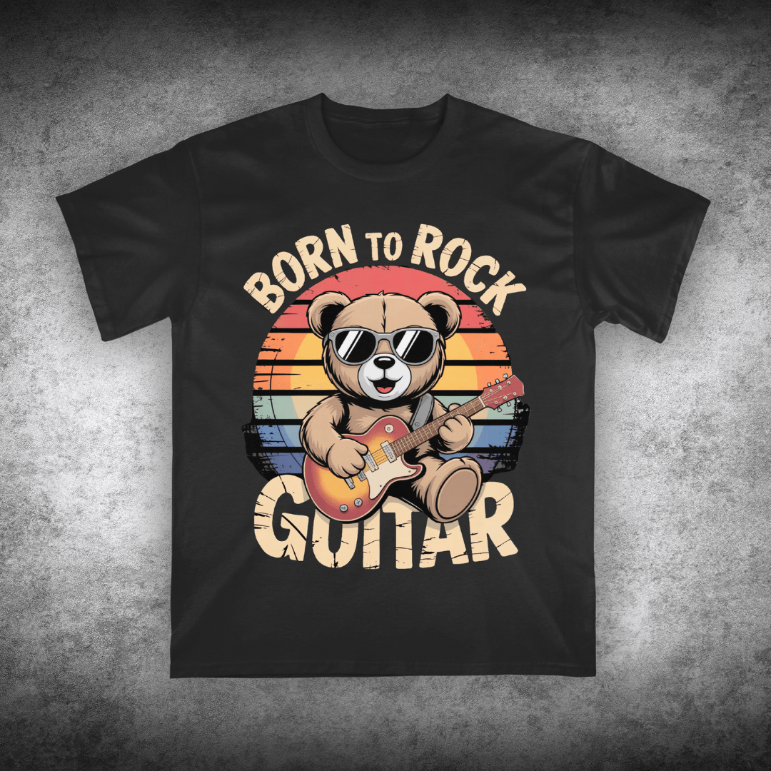 Black t-shirt with a bear playing guitar graphic and 'Born to Rock Guitar' text on a textured gray background