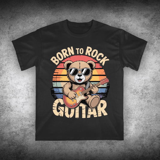 Black t-shirt with a bear playing guitar graphic and 'Born to Rock Guitar' text on a textured gray background
