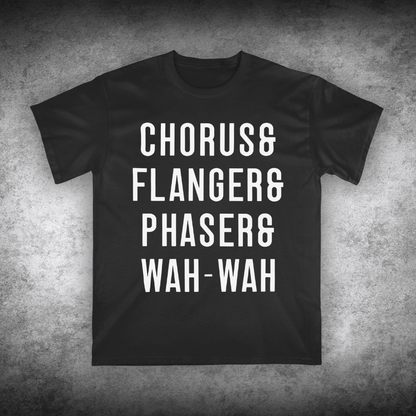 Black t-shirt with white text on a textured gray background