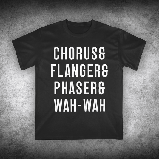 Black t-shirt with white text on a textured gray background