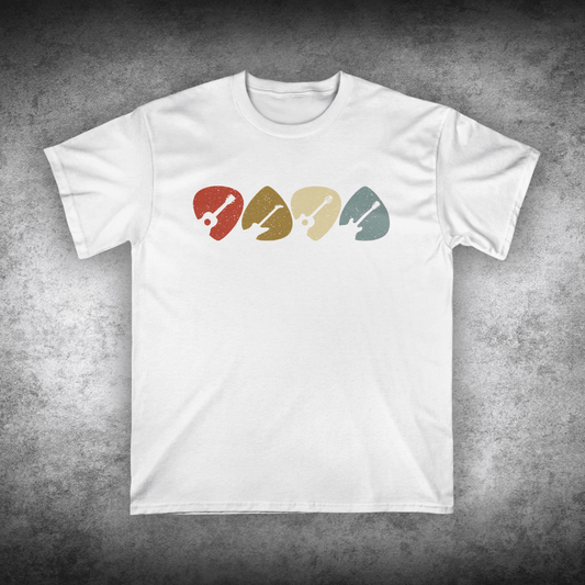 White t-shirt with colorful graphic design on a textured gray background