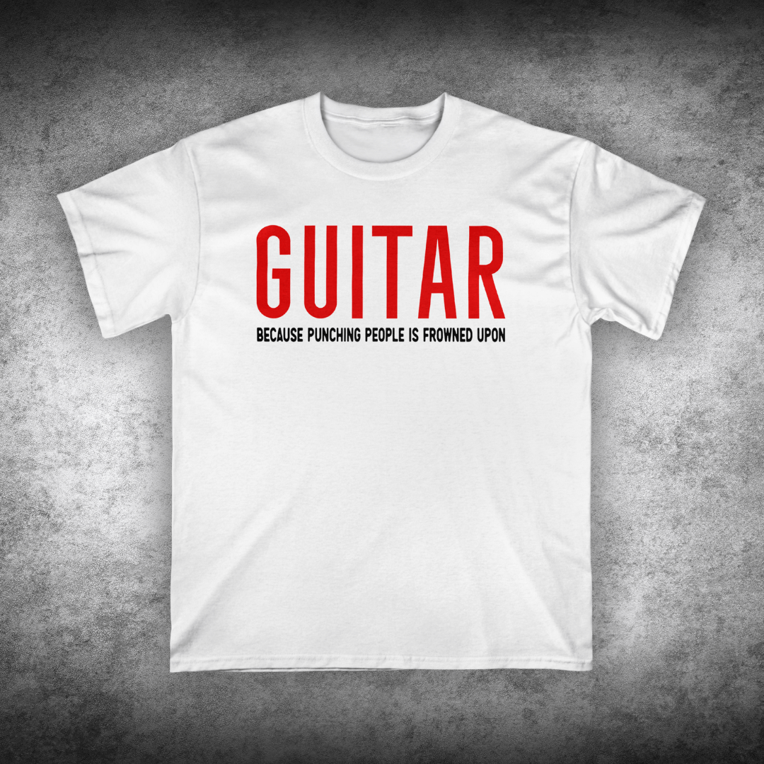 White t-shirt with red text on a textured gray background