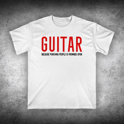 White t-shirt with red text on a textured gray background