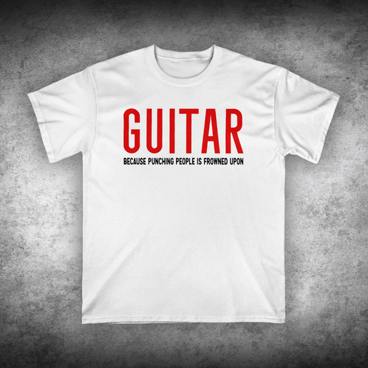 White t-shirt with red text on a textured gray background