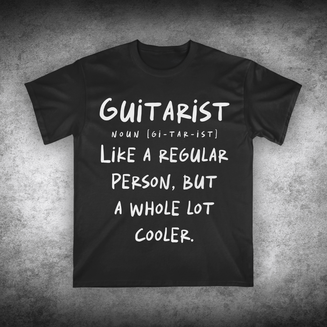 Black t-shirt with white text on a textured gray background