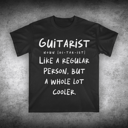 Black t-shirt with white text on a textured gray background