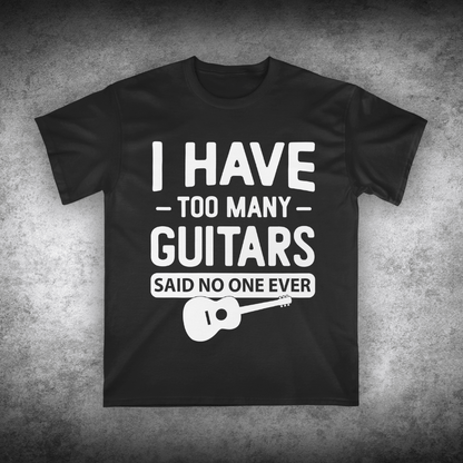 Black t-shirt with white text and guitar graphic on a textured gray background