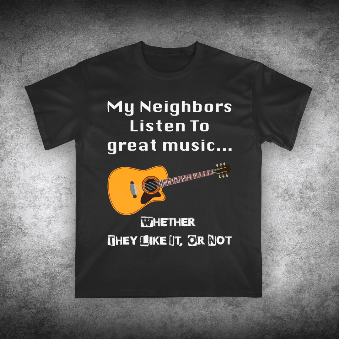 Black t-shirt with guitar graphic and text on a textured gray background