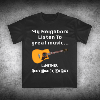 Black t-shirt with guitar graphic and text on a textured gray background