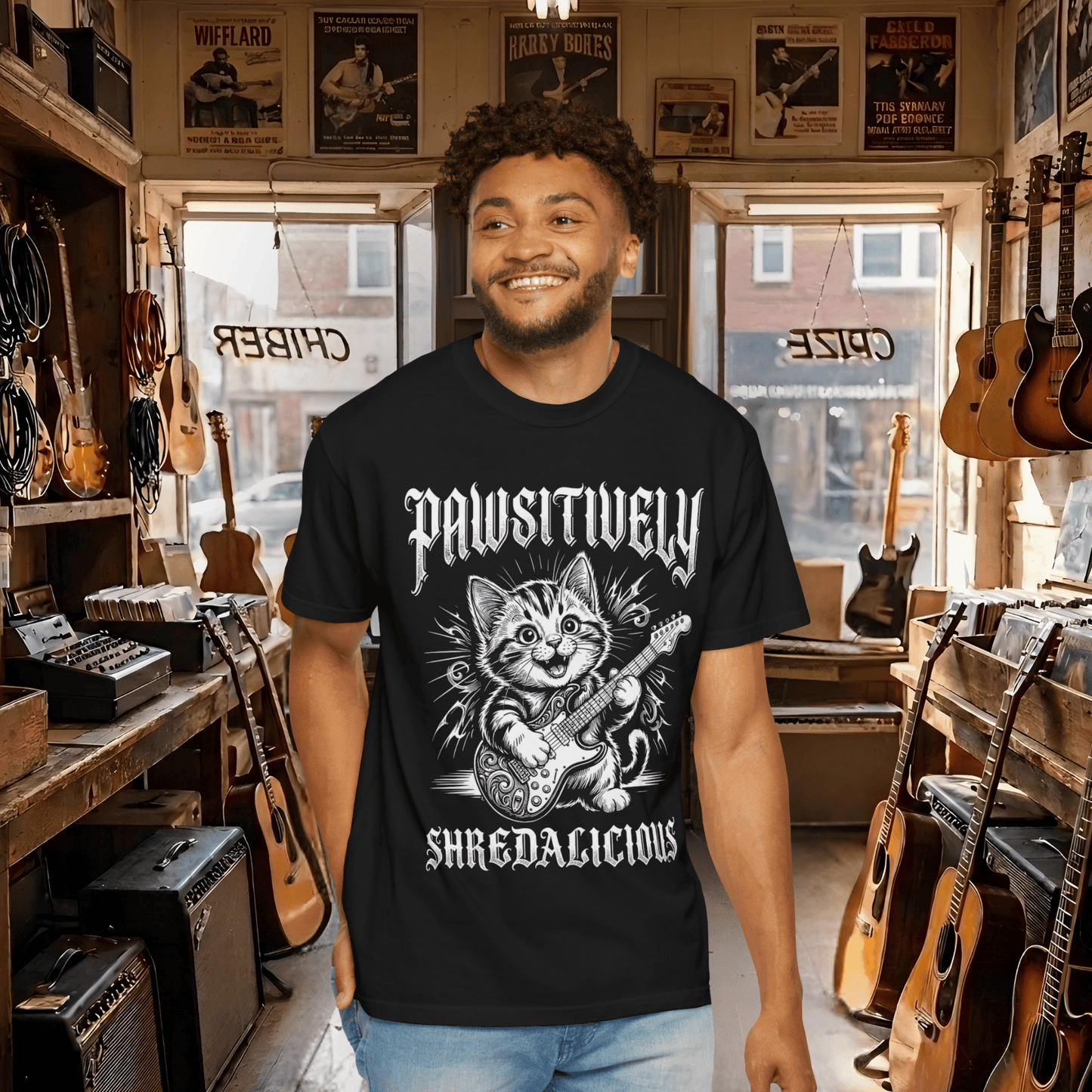 Pawsitively Shredalicious Cat Guitar T-shirt