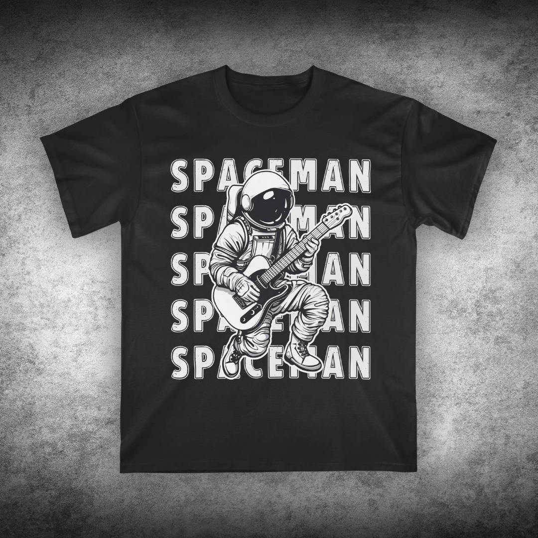 Black t-shirt with an astronaut playing guitar and 'SPACEMAN' text on a textured gray background