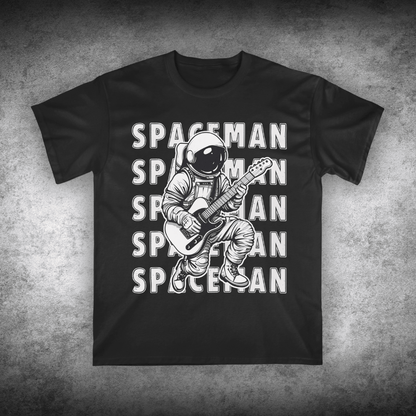 Black t-shirt with an astronaut playing guitar and 'SPACEMAN' text on a textured gray background